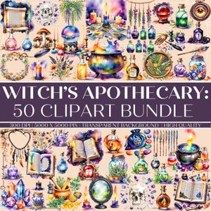 50 Witch’s Apothecary Watercolor Clip Art Bundle |  Magical Fantasy PNG | Potions, Herbs, Crystals & Spell Books | 300 DPI Instant Download