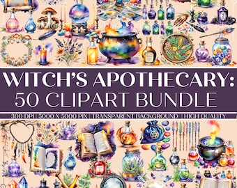 May include: A collection of 50 watercolor clipart images featuring witchy apothecary items. The images include bottles, jars, crystals, candles, herbs, a cauldron, a skull, a book, a mortar and pestle, and a wand. The images are perfect for creating digital or physical crafts, such as greeting cards, invitations, scrapbook pages, and more.