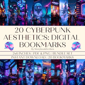 20 Cyberpunk Aesthetics Printable Bookmarks | Instant Download PNG PDF | Futuristic Neon Bookmarks | Sci-Fi Dystopian Book Lover Gift