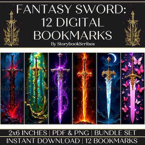 12 Marcadores de livros imprimíveis de espadas de fantasia | Download instantâneo PNG PDF | Presentes de espadas míticas para amantes de livros | Presentes de marcadores de livros de fantasia estética