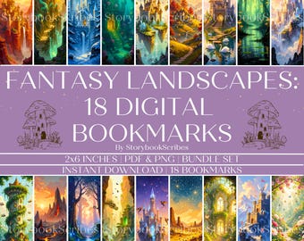 18 Fantasy Landscapes Printable Bookmarks | Instant Download PNG PDF | Fantasy Bookmarks | Aesthetic Bookmark Gifts Book Lovers