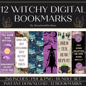 12 Marcadores de Livros Imprimíveis de Bruxas | Download Instantâneo PNG PDF | Presente de Fantasia BookTok | Presente Assustador para Amantes de Livros | Presente de Clube de Livros de Marcadores de Bruxas