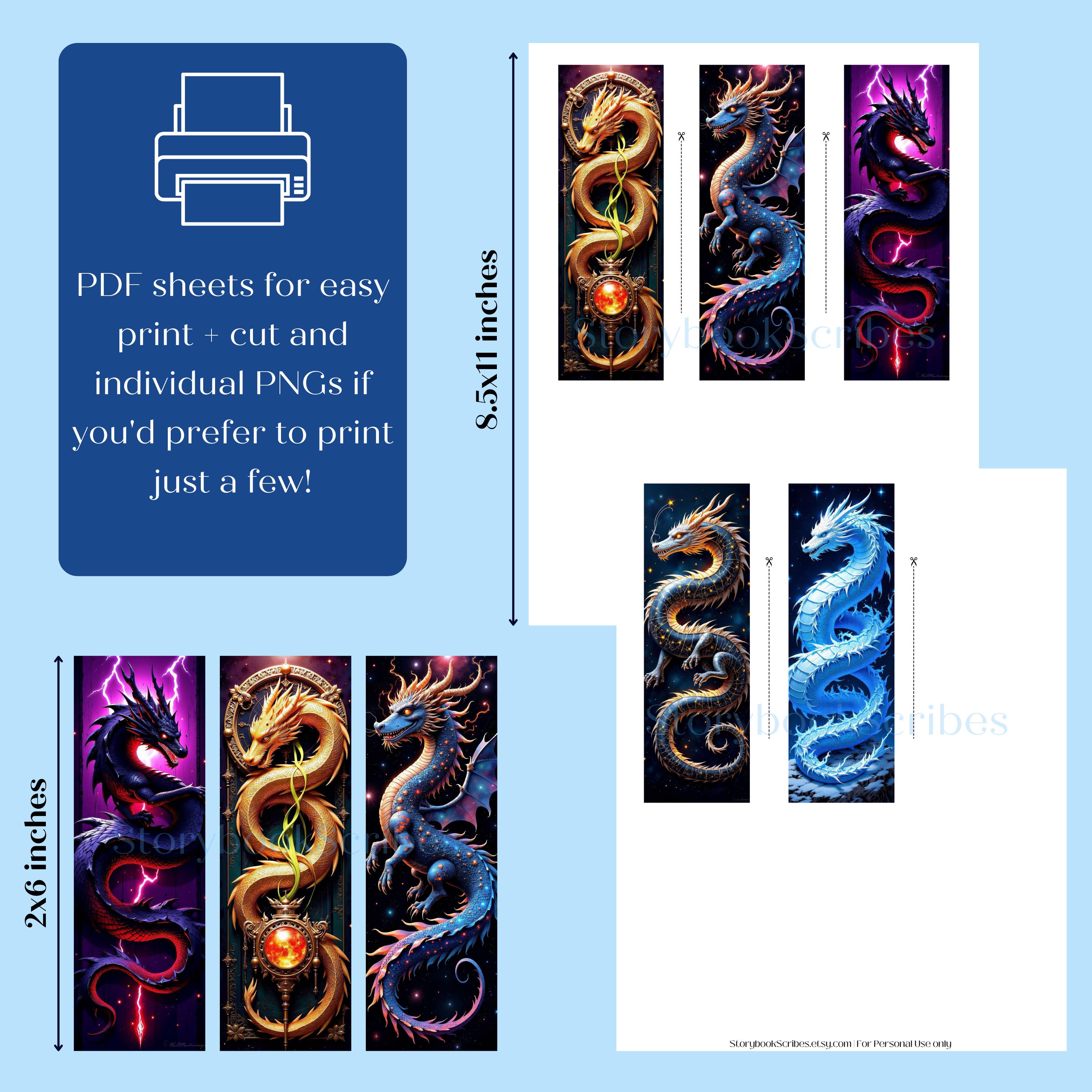 5 Fantasy Dragon Printable Bookmarks | Instant Download PNG & PDF ...