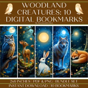 10 Woodland Creatures Printable Bookmarks | Download instantâneo PNG PDF | Presente de marcador de livro de fantasia estética | Presente fofo de livro para amantes de livros