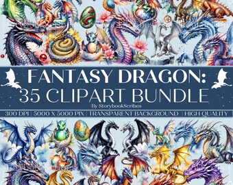 35 Fantasy Dragon Watercolour Clipart Bundle | Instant Download PNG | 300 DPI Art | Fantasy Illustrations for Crafts & DIY Projects