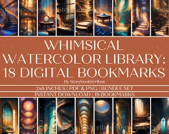 18 Whimsical Watercolor Library Printable Bookmarks | Instant Download PNG PDF | Fantasy Aesthetic Bookmark | Dark Academia Book Lover Gift