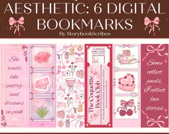 6 Coquette Aesthetic Printable Bookmarks | Instant Download PNG PDF | Pink Pastel Cute Bookmarks | Romantic BookTok Gift for Book Lovers