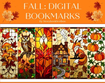 Puede incluir: Marcadores digitales con diseños de vidrieras. Los marcadores presentan temas de otoño, incluyendo calabazas, setas, un zorro y un búho. Cada marcador mide 5.08 x 15.24 cm. El texto dice "12 Stained Glass Fall: Digital Bookmarks".