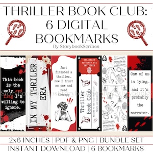 6 Thriller Book Club Printable Bookmark | Instant Download PDF PNG | Aesthetic Bookmarks for Mystery Thriller Book Lovers | BookTok Gift