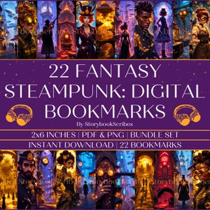 22 Fantasy Steampunk Printable Bookmarks | Instant Download PNG PDF | Vintage Aesthetic Bookmarks Steampunk Gifts for Book Lovers