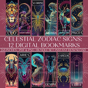 12 Celestial Zodiac Sign Printable Bookmarks | Instant Download PDF PNG | Fantasy Aesthetic Bookmark | Horoscope Zodiac Bookmark Gift