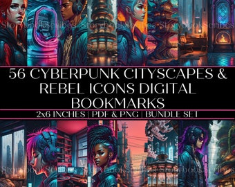 56 'Cyberpunk Cityscapes + Rebel Icons' Digital Bookmarks | Instant Download | PNG & PDF | Print and Cut Bookmark Bundle