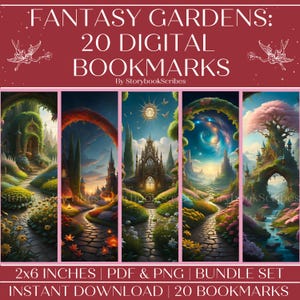 20 Flower Fantasy Garden Printable Bookmarks | Natychmiastowe pobieranie PNG PDF | Romantyczne prezenty dla miłośników książek | Urocze estetyczne zakładki fantasy