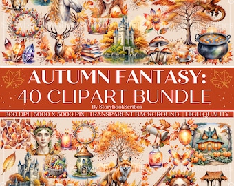 40 Herbst Fantasy Aquarell Clipart Bundle | Sofortiger Download PNG | 300 DPI | Herbst Art Grafiken DIY Projekte | Orange Clipart