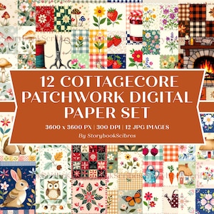 May include: A digital paper set with a cottagecore theme. The image features a patchwork design with various patterns, including flowers, mushrooms, strawberries, and a fireplace. The text reads "12 Cottagecore Patchwork Digital Paper Set".