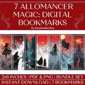Könnte beinhalten: Set aus sieben digitalen Lesezeichen mit Fantasy-Kunstszenen. Jedes Lesezeichen zeigt eine andere Illustration mit Silhouetten, Stadtlandschaften und einem rot-orangen Farbschema. Der Text "7 Allomancer Magic: Digital Bookmarks" steht oben.