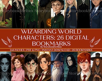 Wizarding World Characters: 26 Printable Bookmarks | Digital Download PDF PNG | Aesthetic Fantasy Bookmarks | Booktok Gifts | Witchy Gifts