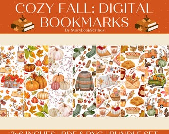 May include: Digital bookmarks featuring cozy fall themes. The image displays seven unique designs with pumpkins, leaves, sweaters, and other autumn elements. The text reads "7 Aesthetic Cozy Fall: Digital Bookmarks" and "2x6 inches".