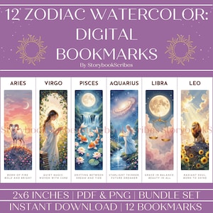 12 Zodiac Watercolor Printable Bookmarks | Instant Download PDF PNG | Zodiac Bookmark Gift | Fantasy Bookmark | Book Lover Gifts Astrology
