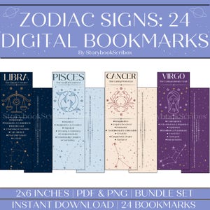 24 Zodiac Sign Printable Bookmarks | Instant Download PNG PDF | Horoscope Aesthetic Bookmarks | Zodiac Bookmark Gifts for Book Lovers