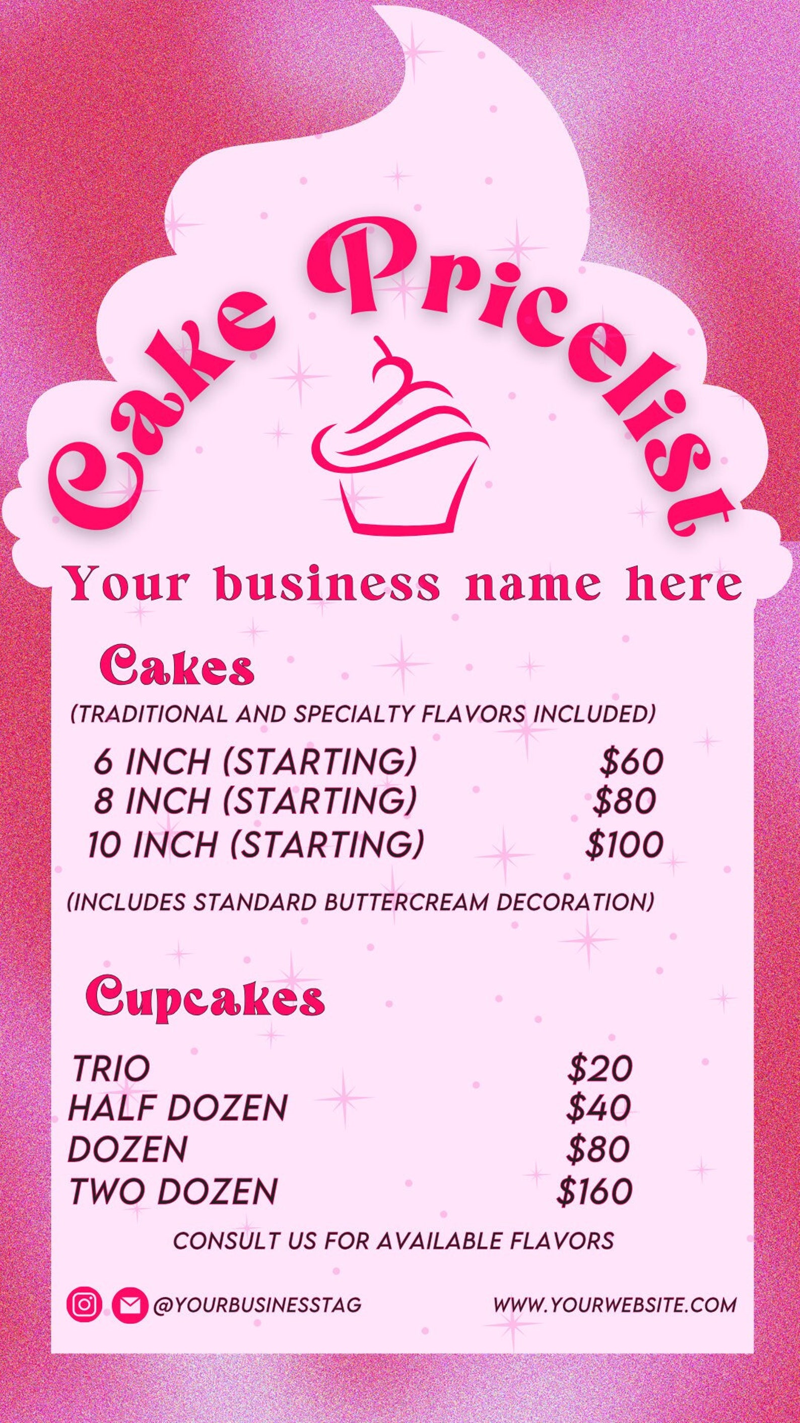 Customizable Bakery Business Templates Cake Shop Pricelist Pink Dreamy