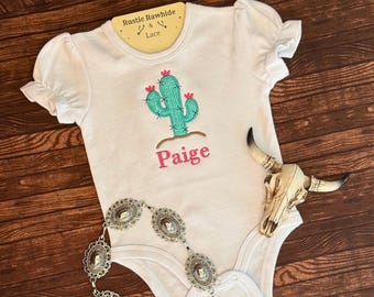 Girl's Personalized Blooming Cactus Embroidered Bodysuit or Shirt