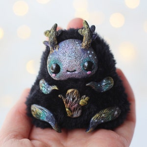 Ooak creepy doll, black plush fantasy creature toy, miniature deer