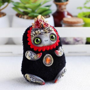 Creepy art doll fantasy creature , ooak black plush balefire toy