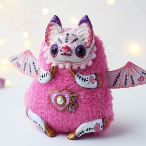 Ooak cute doll pink plush bat, fantasy collectible toy