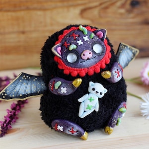 Art monster doll, creepy black plush collectible toy, ooak demon doll