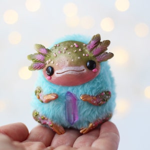 Ooak doll axalotl miniature art toy, plush blue little lizard