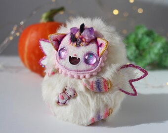 Creepy art doll, glowing ooak cat toy, fluffy white kitty