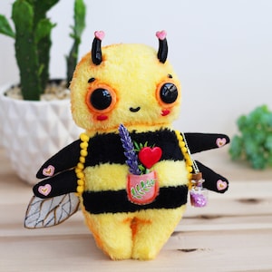 Plush bee doll, collectible cute fluffy toy for gift in a one copy , ooak art bee doll