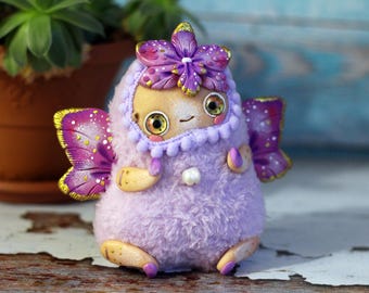 Doll flower fairy , cute fantasy creature plush toy , ooak art doll elf made of polymer clay