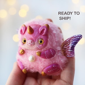 Ooak cute unicorn plush toy - handmade kawaii doll art figure for decor shelf