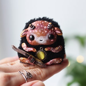 miniature ooak doll , cute plush  black devil , fluffy kawaii collectible monster , creepy toy  for gift