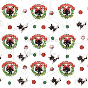 Könnte beinhalten: Ein nahtloses Muster mit schwarzen Katzen, die rote Schleifen in grünen Kränzen mit dem Text "Frohe Feiertage" tragen. Der Hintergrund ist weiß mit roten und grünen Ornamenten.