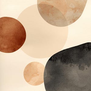 Könnte beinhalten: Abstrakte Aquarellmalerei mit sich überlappenden Formen in Braun-, Beige- und Schwarztönen vor einem cremefarbenen Hintergrund. Das Design umfasst Kreise und organische Formen und schafft eine moderne, minimalistische Ästhetik.
