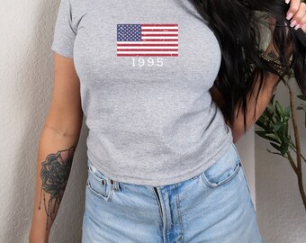 American Flag T-shirt, 4th of July Baby Tee, Vintage American Flag Shirt, Patriotic Shirt, Memorial Day, Womens US Flag Shirt, Baby Tee
