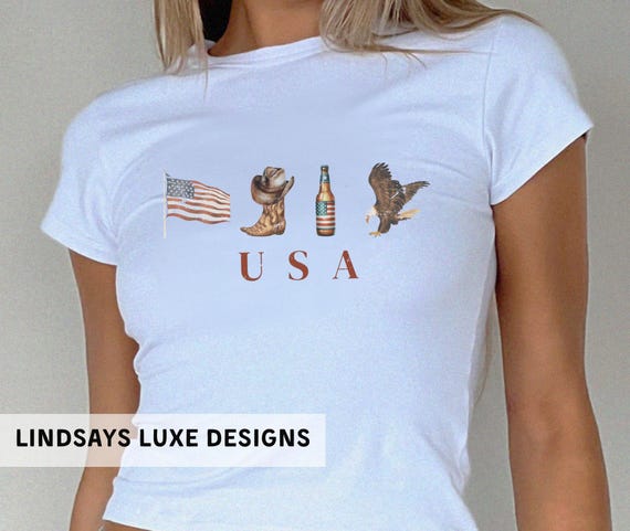 Western USA Baby Tee, Vintage Americana Shirt, Cowgirl Outfit Top, Country Concert Tee, Patriotic Graphic Tee, Trendy Y2K Aesthetic Shirt