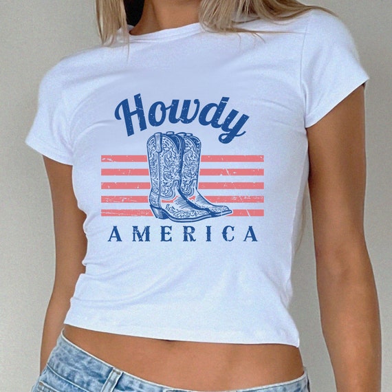 Howdy America Baby Tee, 4th of July Baby Tee, USA Baby Tee, Vintage USA Shirt, Cowboy Baby Tee, Patriotic Tee, Womens 4th of July Shirt