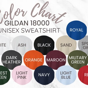 Op de afbeelding: Kleurenkaart voor Gildan 18000 unisex sweatshirts. De kaart toont 16 verschillende kleuren, waaronder wit, as, zwart, zand, sport grijs, donker grijs melange, oranje, bordeauxrood, legergroen, bosgroen, lichtroze, marineblauw, lichtblauw en rood.