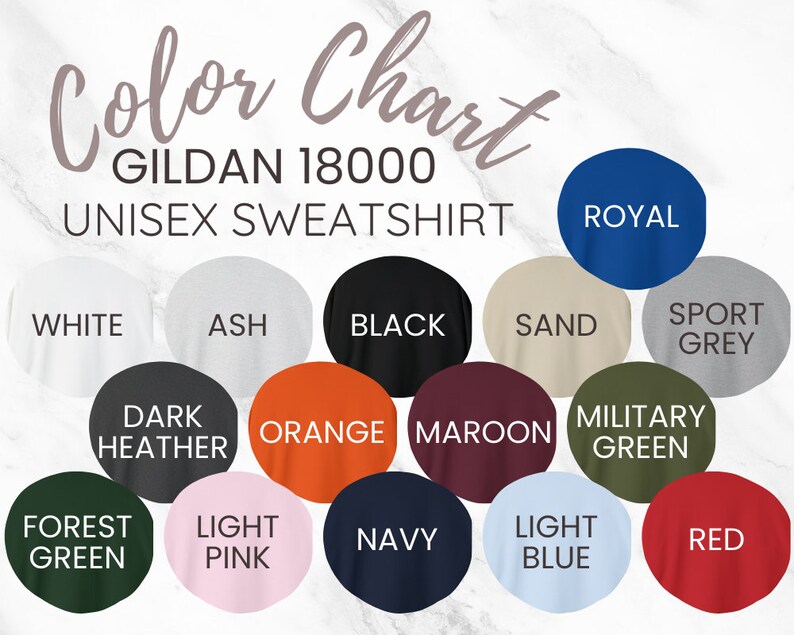 Op de afbeelding: Kleurenkaart voor Gildan 18000 unisex sweatshirts. De kaart toont 16 verschillende kleuren, waaronder wit, as, zwart, zand, sport grijs, donker grijs melange, oranje, bordeauxrood, legergroen, bosgroen, lichtroze, marineblauw, lichtblauw en rood.