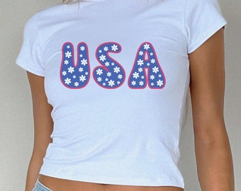 USA Baby Tee, 4th of July Womens Top, Patriotic Baby T-shirt, 4th of July Baby Tee, Patriotic Cropped T-shirt, Y2K Baby Tee, Patriotic Shirt