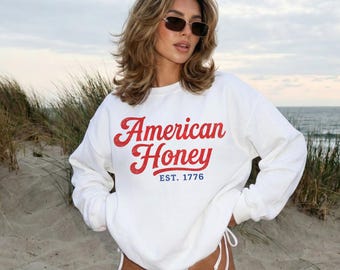 Sudadera American Honey, jersey patriótico de cuello redondo, jersey vintage americano, sudadera del 4 de julio, jersey retro de cuello redondo de EE. UU., sudadera de mujer de EE. UU.