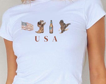 Western USA Baby Tee, Vintage Americana Shirt, Cowgirl Outfit Top, Country Concert Tee, Patriotic Graphic Tee, Trendy Y2K Aesthetic Shirt