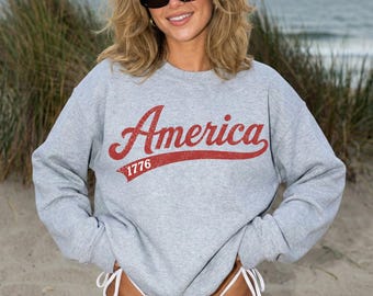Sweat-shirt USA, col rond à graphisme patriotique, sweat-shirt Amérique vintage, col rond 4 juillet, pull Americana, sweat-shirt USA rétro