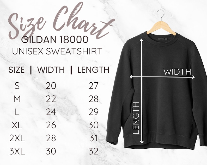 Op de afbeelding: Maattabel voor een Gildan 18000 unisex sweatshirt. De tabel toont de breedte- en lengtemaat in inches voor de maten S, M, L, XL, 2XL en 3XL.