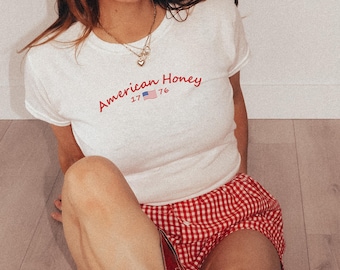 American Honey Baby Tee, Patriotic Graphic Shirt, Fourth of July Shirt, Y2K Fitted Tee, 4th of July Outfit, Vintage USA Top, Womens Baby Tee