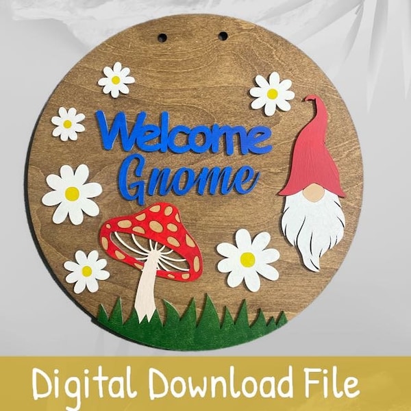 Welcome Gnome Door Hanger SVG File Laser Cutting Machine Wall Decor Digital download Round door hanger entry way decor welcome sign (063)